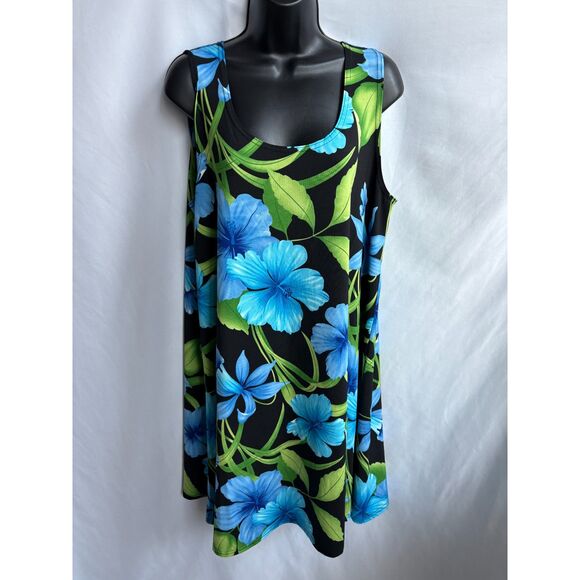 Vintage BaBa Hawaii Floral Tropical Dress Size XL Blue Green Tunic Beach Coastal - Picture 1 of 10